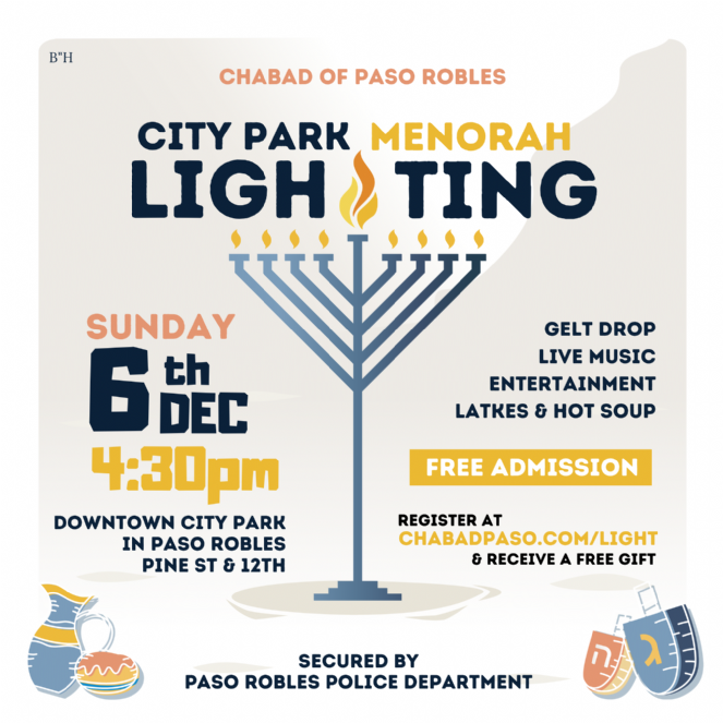 Paso Robles Menorah Lighting - Sunday, December 6, 4:30 PM, Downtown City Park
